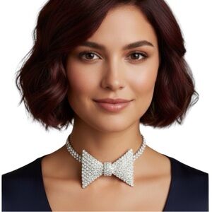 NWT Silver Rhinestone Bow Tie Choker Necklace Diamond Style Statement Coquette